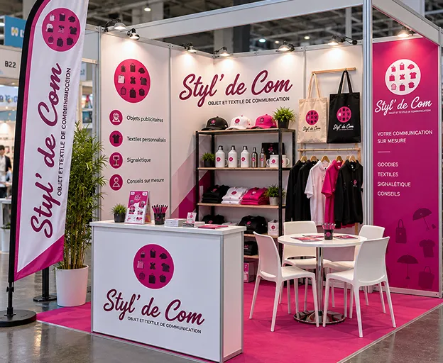 Stand Styl’ de Com présentant objets et textiles publicitaires personnalisés à Bourges
