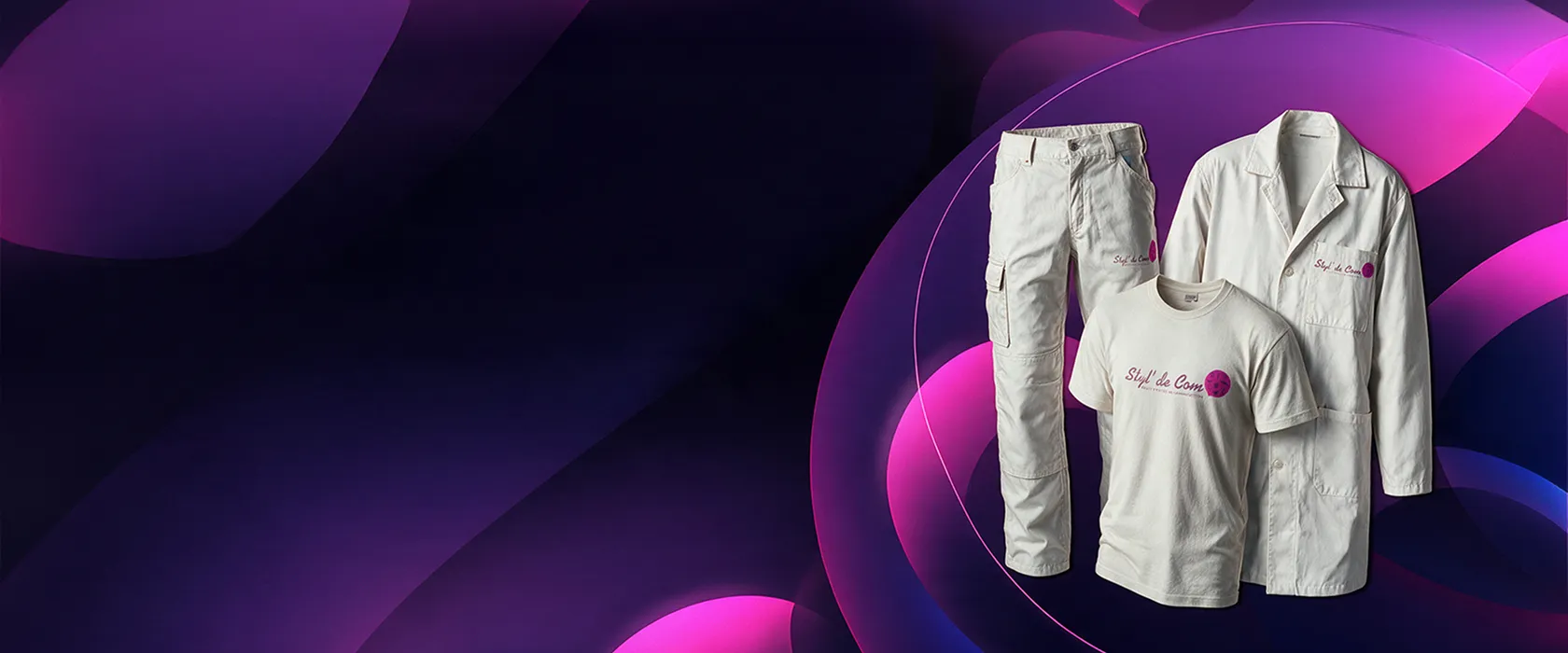 Tenues personnalisées Styl’ de Com avec t-shirt, blouse et pantalon blancs